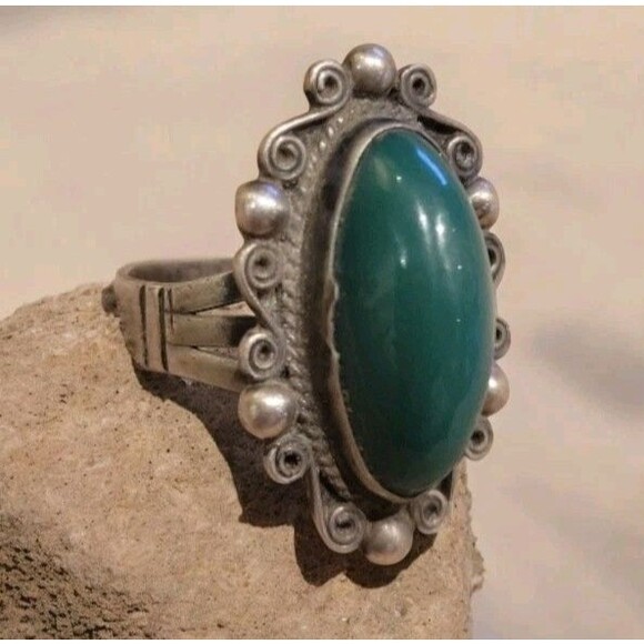 Mexico Jewelry - Vintage Sterling Silver Mexico Dark Green Jade Stone Ring Sz 6.5 Signed